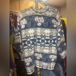 Men's Blue and Cream Patterned Sweater